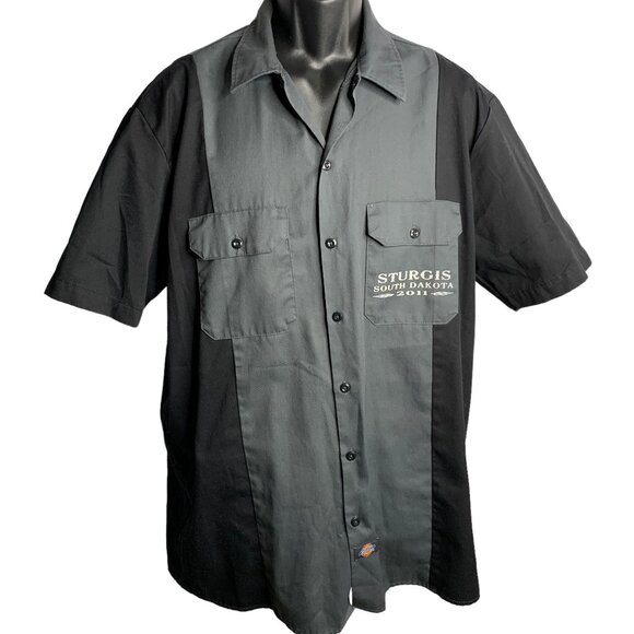 Dickies Sturgis Biker Work Shirt L Grey Button Up Pockets Skull Short Sleeves - Picture 3 of 7